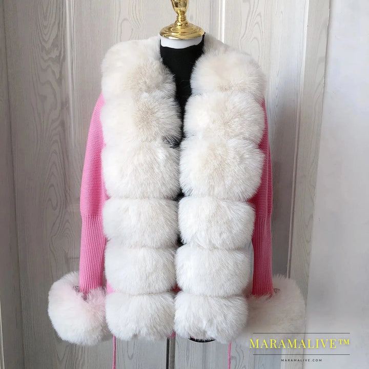 Women's Cropped Sweater Cardigan Spring Autumn Hot Sale Faux Fur Knit Sweater Cardigan with Faux Fox Fur Fur Collar Ladies Coat