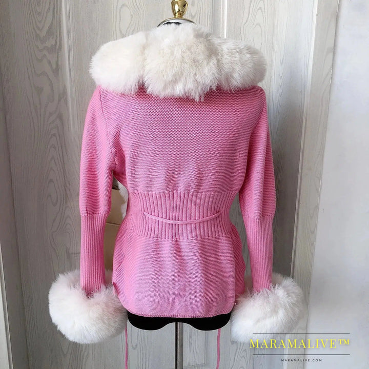 Women's Cropped Sweater Cardigan Spring Autumn Hot Sale Faux Fur Knit Sweater Cardigan with Faux Fox Fur Fur Collar Ladies Coat