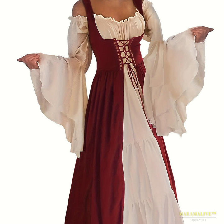 Women's Elegant Square Neck Corset Medieval Renaissance Cosplay Dress, Long Sleeve Ankle-length Gown With Lace-up Waist