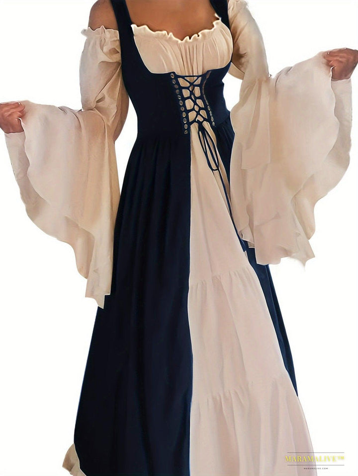 Women's Elegant Square Neck Corset Medieval Renaissance Cosplay Dress, Long Sleeve Ankle-length Gown With Lace-up Waist