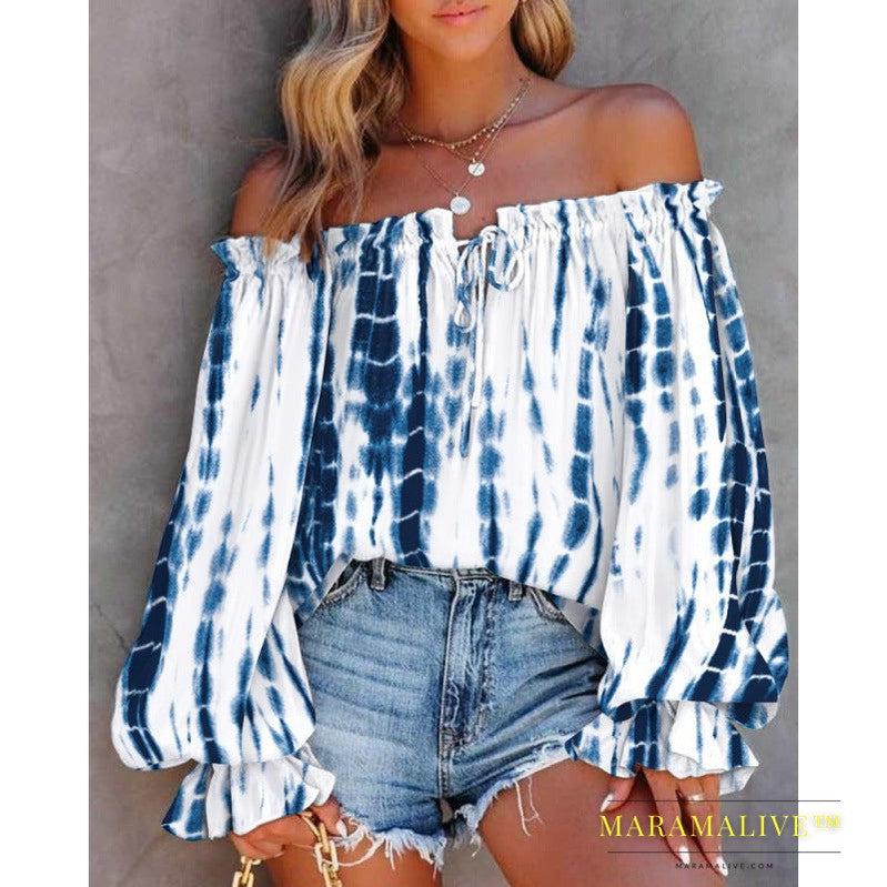 Women's Fashion Collar Strapless Long Sleeve Printed Shirt