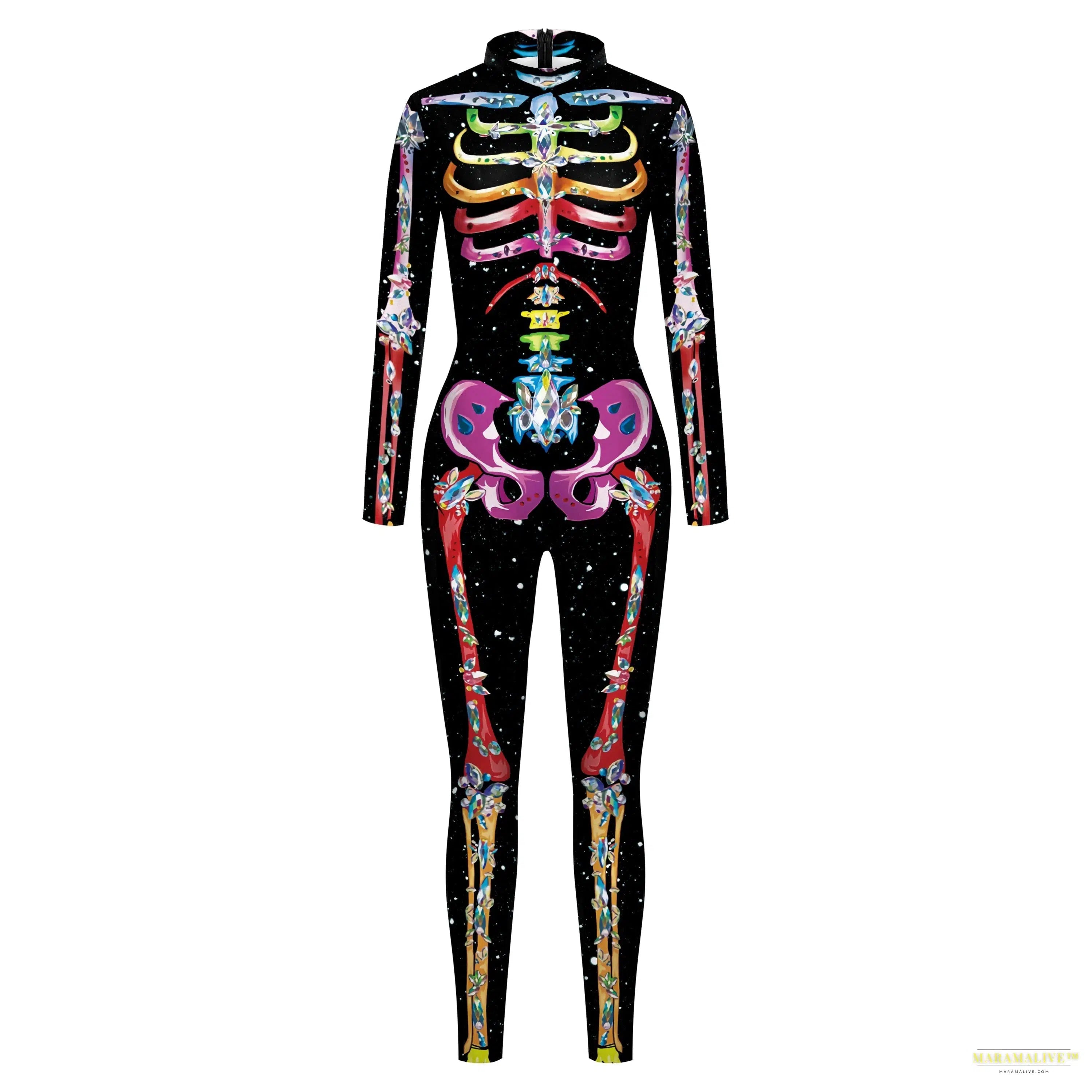 Women's Fashion Lady Death 3D Print Bodysuits Punk Style Sexy Long Sleeve Slim Halloween Cosplay Costumes