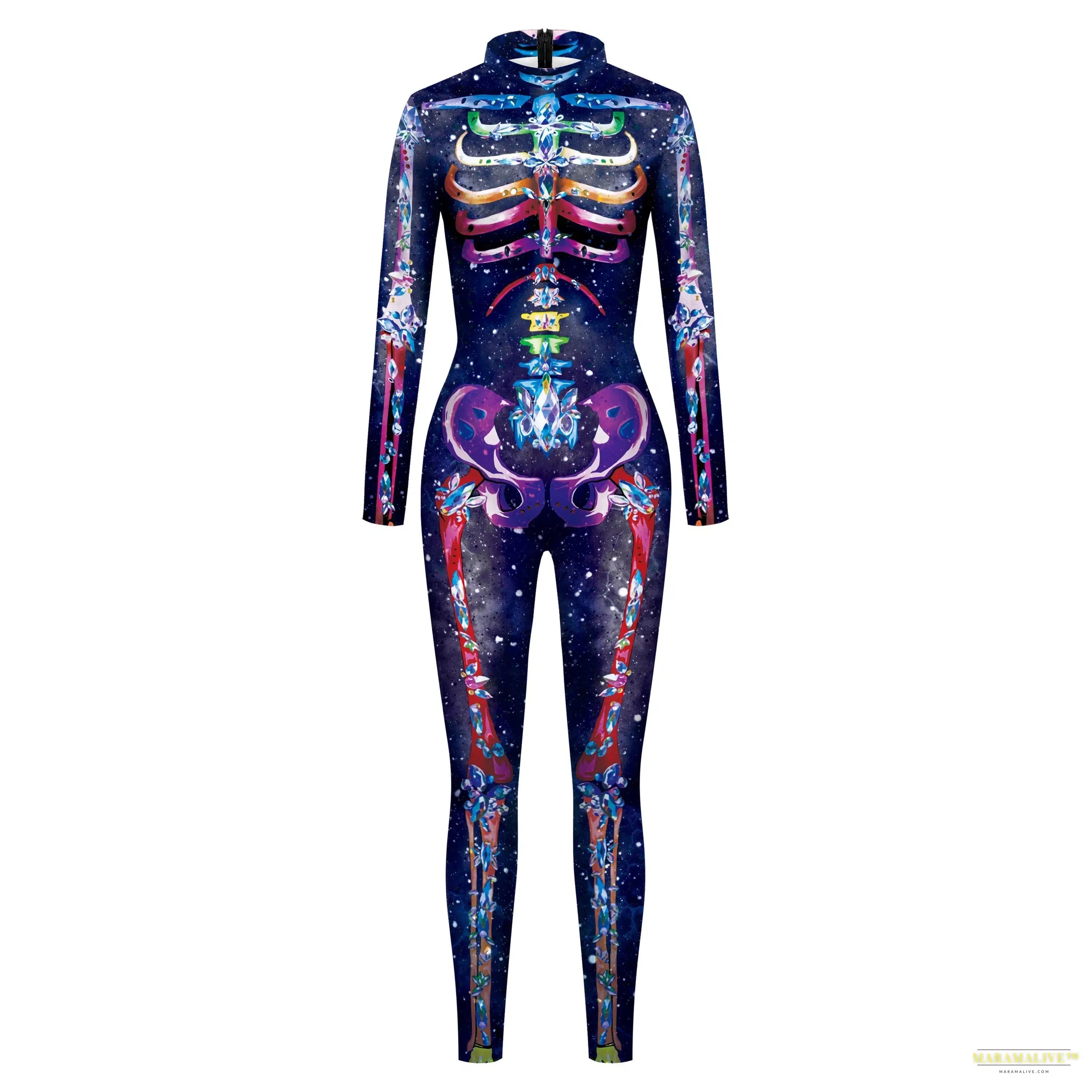 Women's Fashion Lady Death 3D Print Bodysuits Punk Style Sexy Long Sleeve Slim Halloween Cosplay Costumes