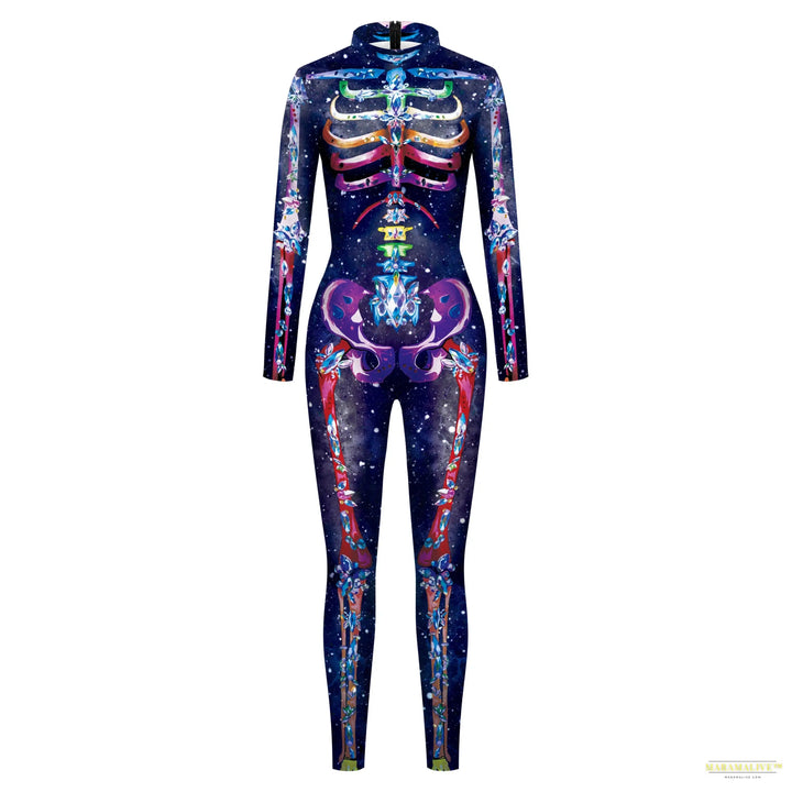 Women's Fashion Lady Death 3D Print Bodysuits Punk Style Sexy Long Sleeve Slim Halloween Cosplay Costumes