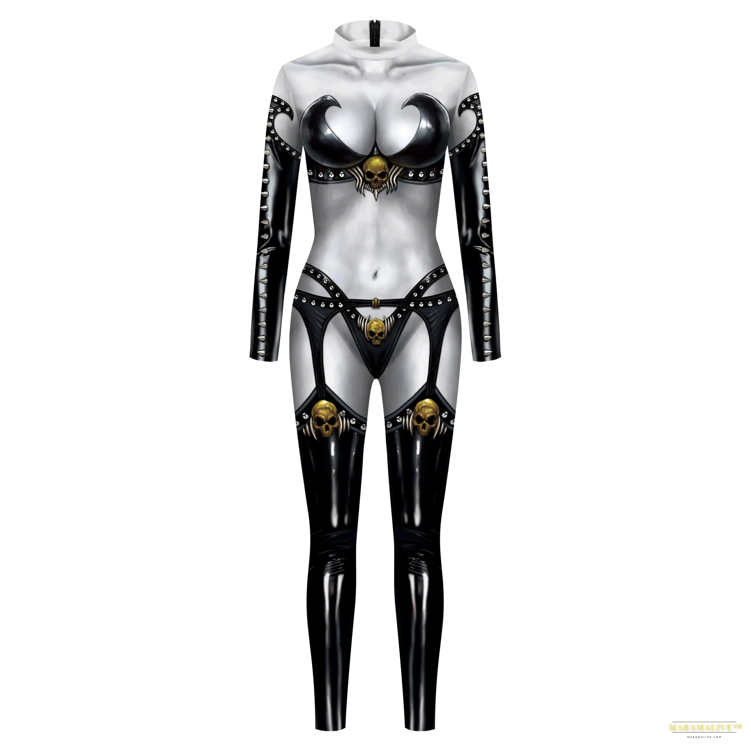 Women's Fashion Lady Death 3D Print Bodysuits Punk Style Sexy Long Sleeve Slim Halloween Cosplay Costumes