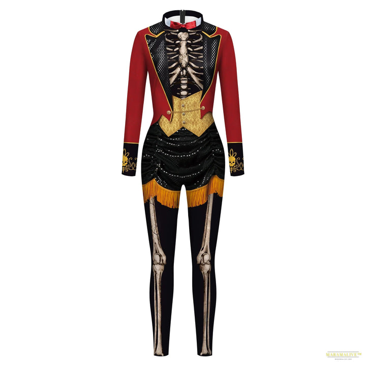 Women's Fashion Lady Death 3D Print Bodysuits Punk Style Sexy Long Sleeve Slim Halloween Cosplay Costumes