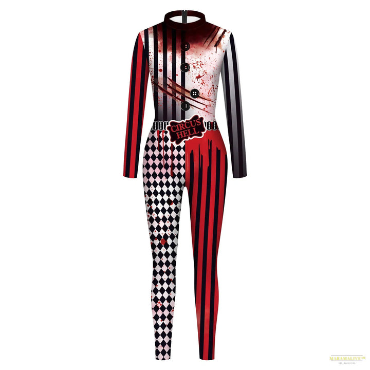 Women's Fashion Lady Death 3D Print Bodysuits Punk Style Sexy Long Sleeve Slim Halloween Cosplay Costumes