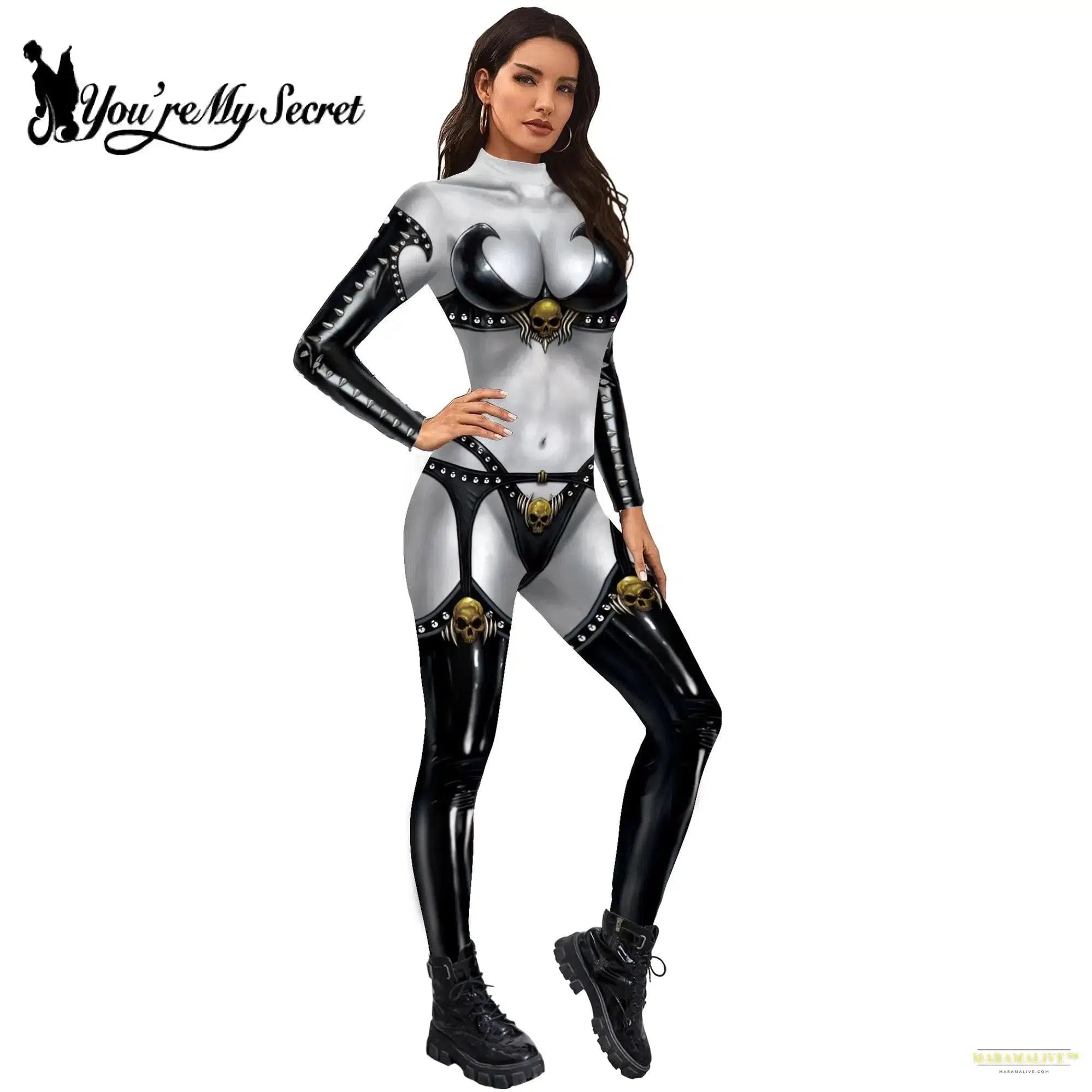 Women's Fashion Lady Death 3D Print Bodysuits Punk Style Sexy Long Sleeve Slim Halloween Cosplay Costumes