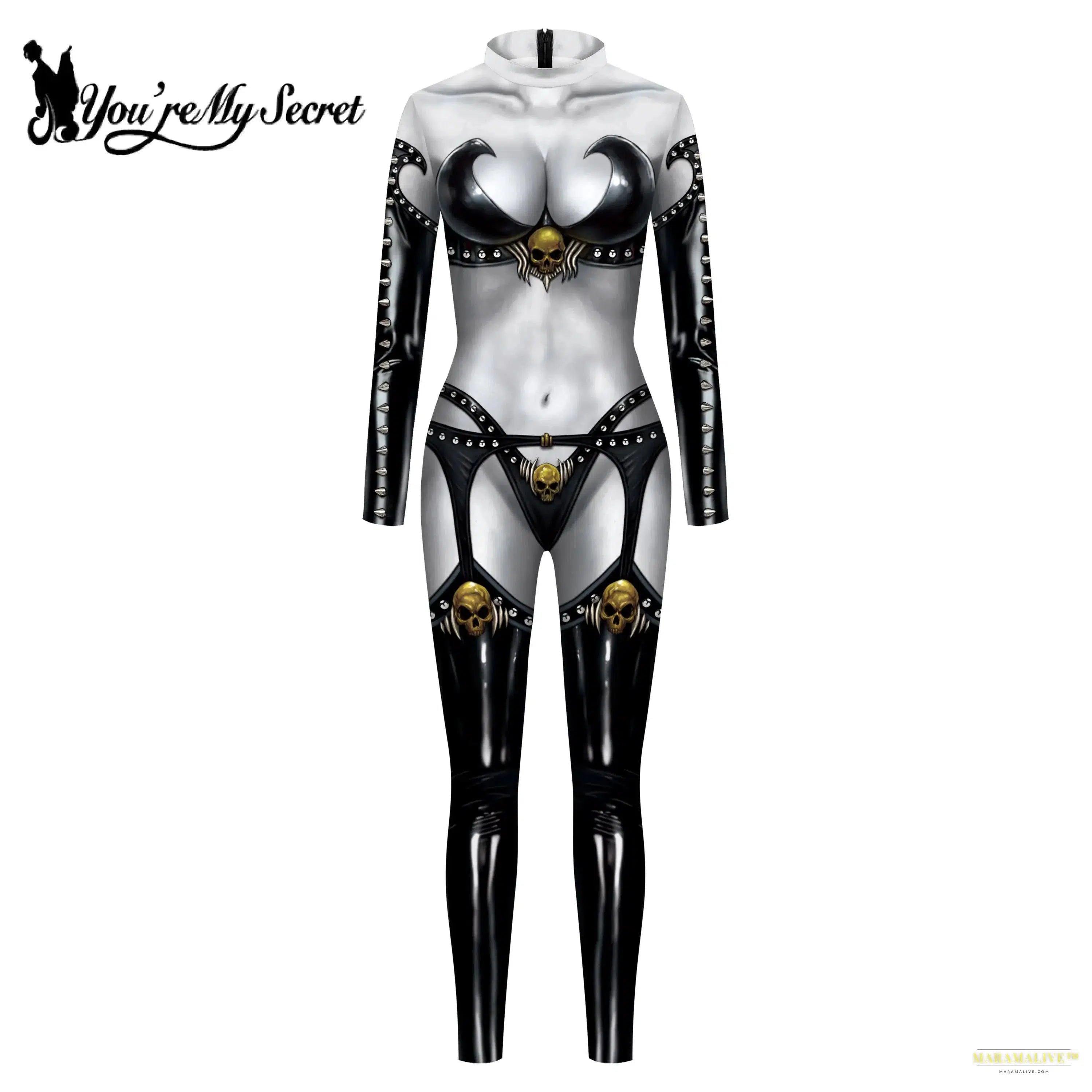 Women's Fashion Lady Death 3D Print Bodysuits Punk Style Sexy Long Sleeve Slim Halloween Cosplay Costumes