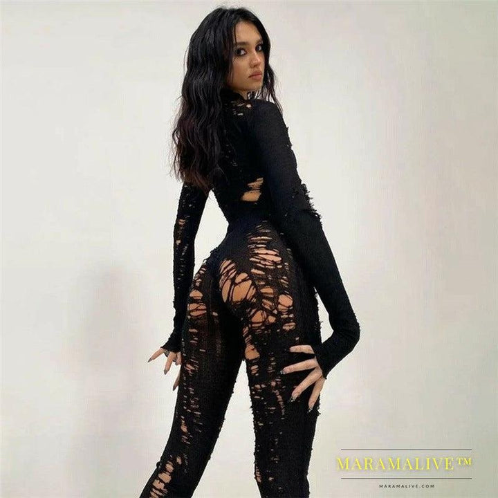 Women's Fashion Personality Street Knitted Hollow-out Ripped High Waist Tight Jumpsuit