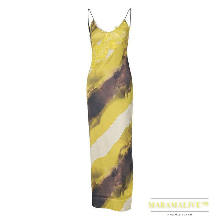 Women's Fashion Printed V-neck Backless Slit Sling Dress