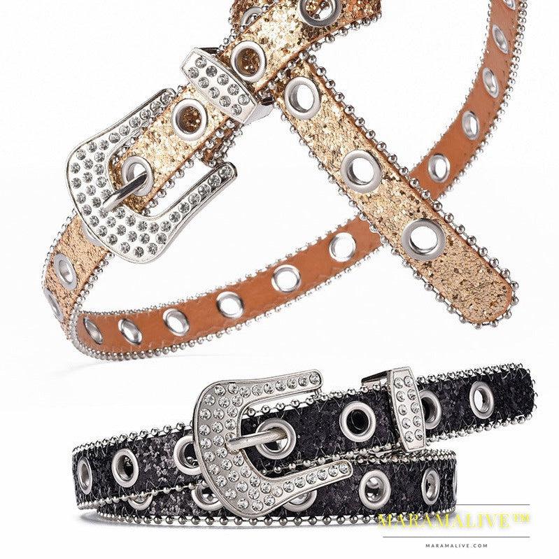 Women's Fashion Rhinestone Pin Buckle Decorative Personality Sequins Belt Ladies