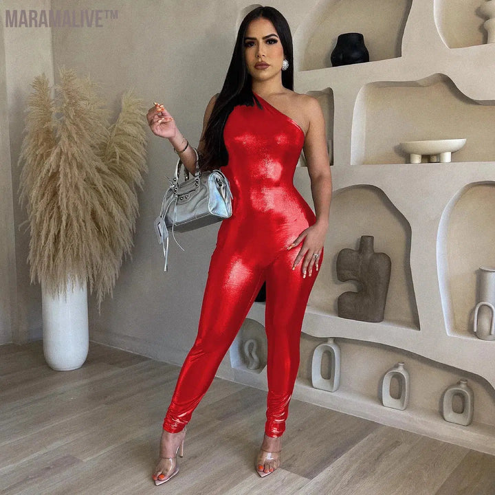 Women's Fashion Slim Trend Solid Color Jumpsuit Summer Metallic Single Shoulder Sleeveless Tight Sexy Jumpsuit High Street Style