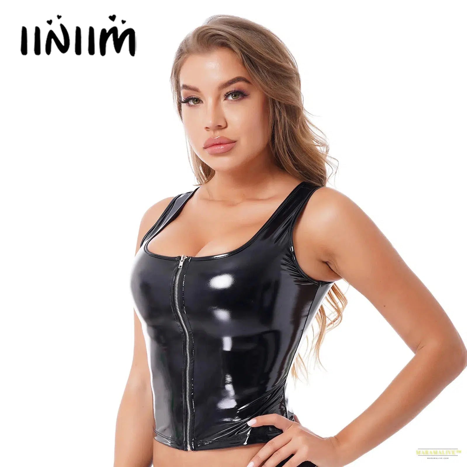 Womens Fashion Zipper Patent Leather Tank Top Wet Look Rave Festival Outfit U Neck Sleeveless Vest for Club Pole Dancing