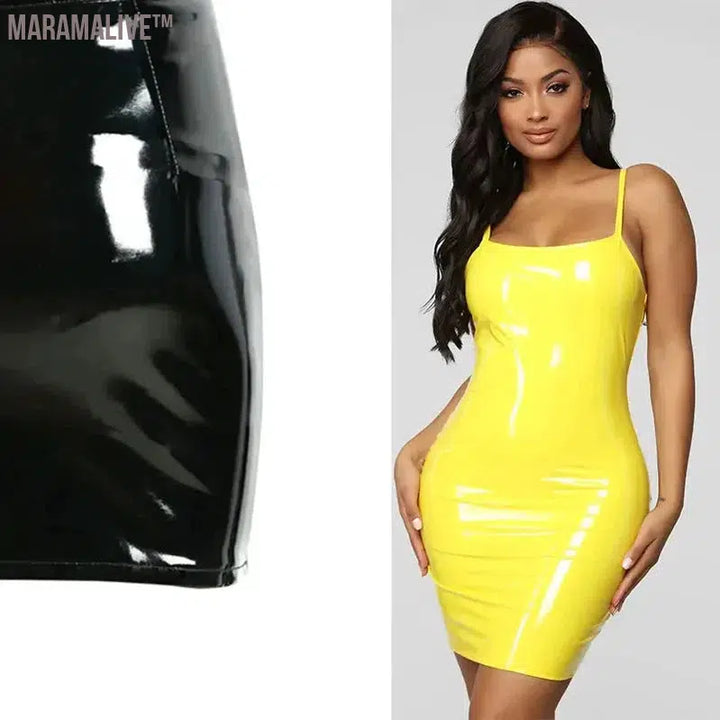 Women's Faux Latex Spaghetti Strap Dress, Sleeveless PVC Back Zipper, Wet Look Bodycon, Party Clubwear, Sexy, Plus Size, Summer,