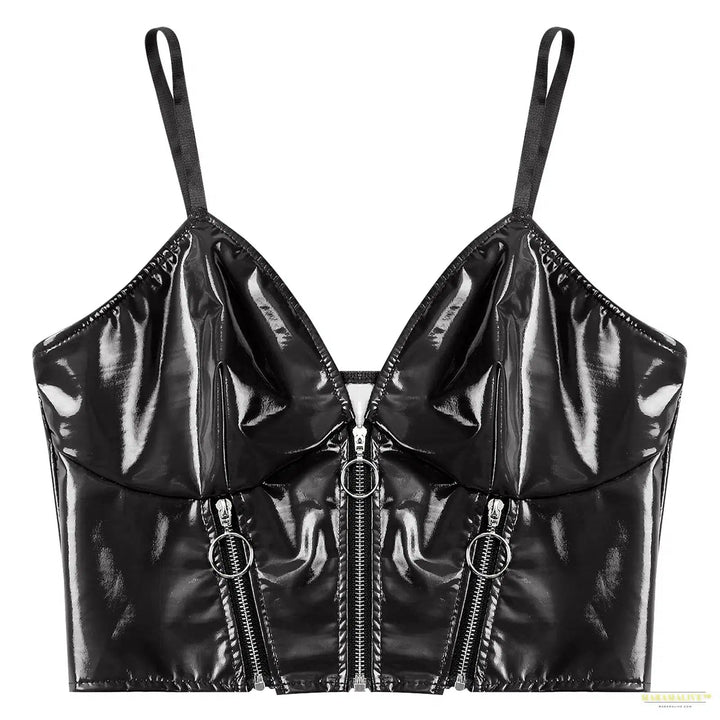 Womens Glossy Patent Leather Crop Top Front Zippers Backless Camisole Deep V Neck Front Zipper Backless Sling Vest Tops Clubwear