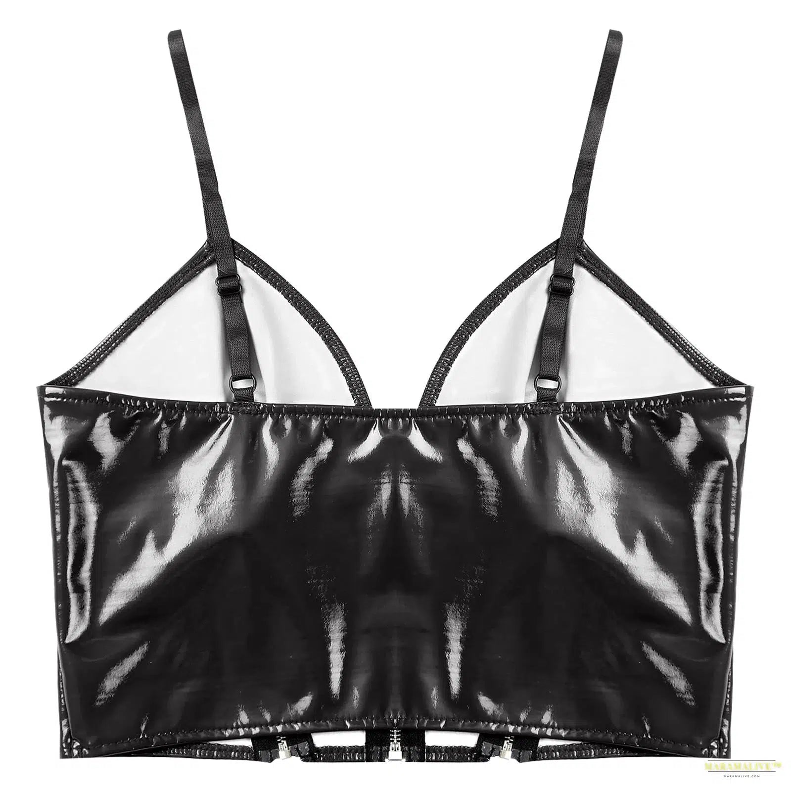 Womens Glossy Patent Leather Crop Top Front Zippers Backless Camisole Deep V Neck Front Zipper Backless Sling Vest Tops Clubwear