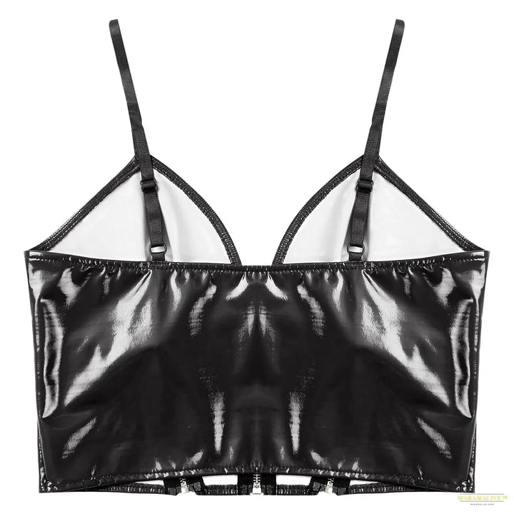 Womens Glossy Patent Leather Crop Top Front Zippers Backless Camisole Deep V Neck Front Zipper Backless Sling Vest Tops Clubwear