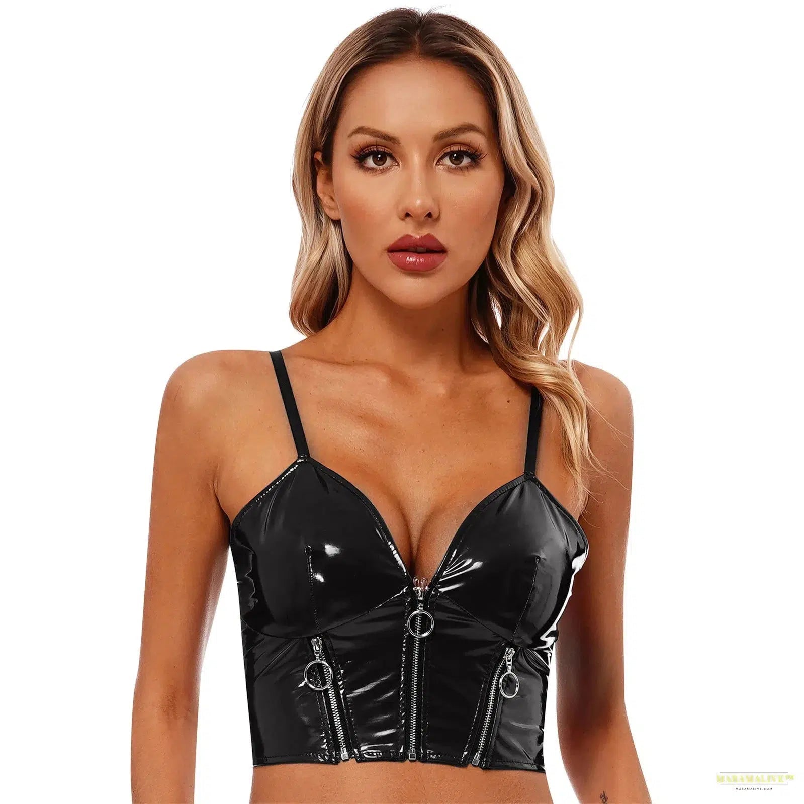 Womens Glossy Patent Leather Crop Top Front Zippers Backless Camisole Deep V Neck Front Zipper Backless Sling Vest Tops Clubwear