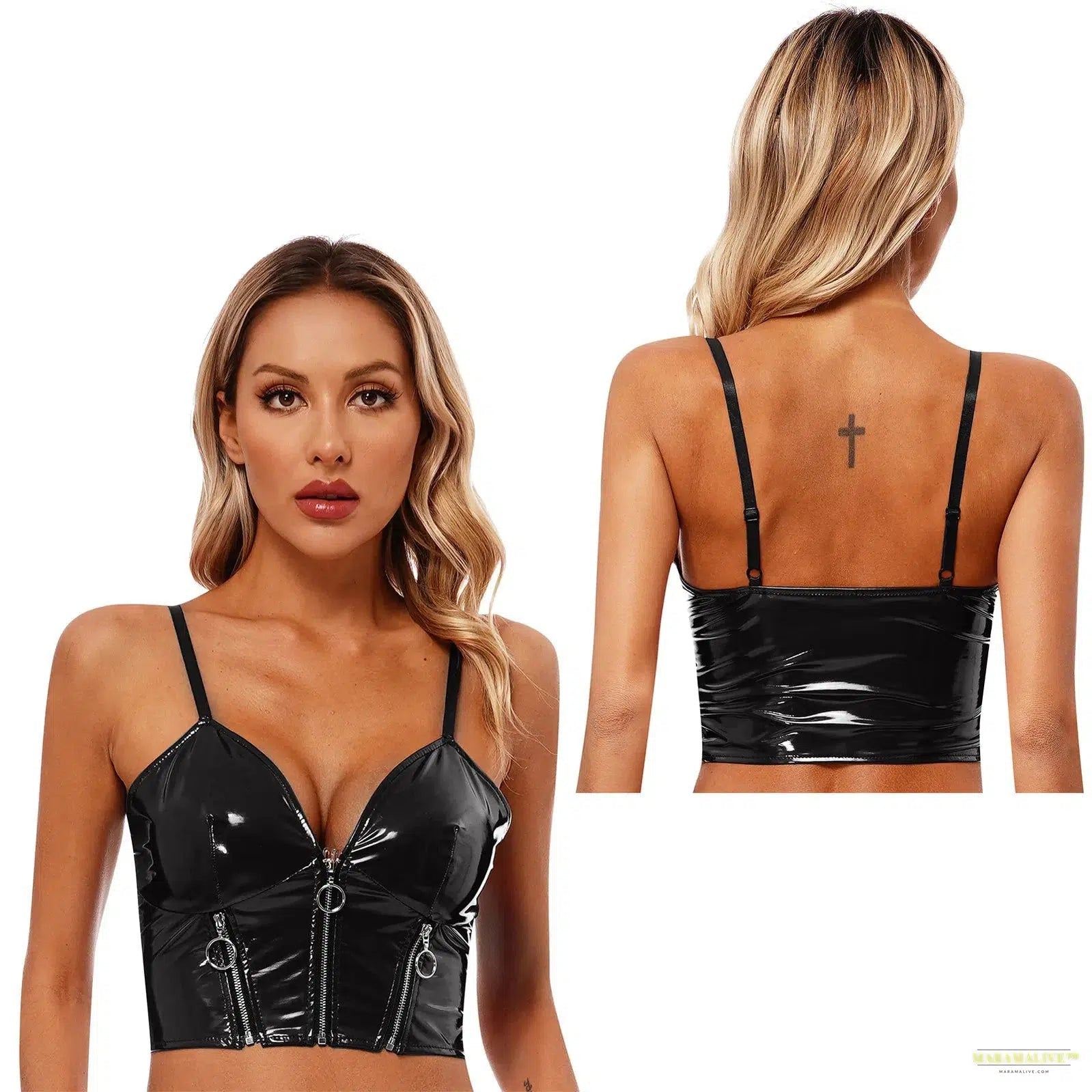 Womens Glossy Patent Leather Crop Top Front Zippers Backless Camisole Deep V Neck Front Zipper Backless Sling Vest Tops Clubwear