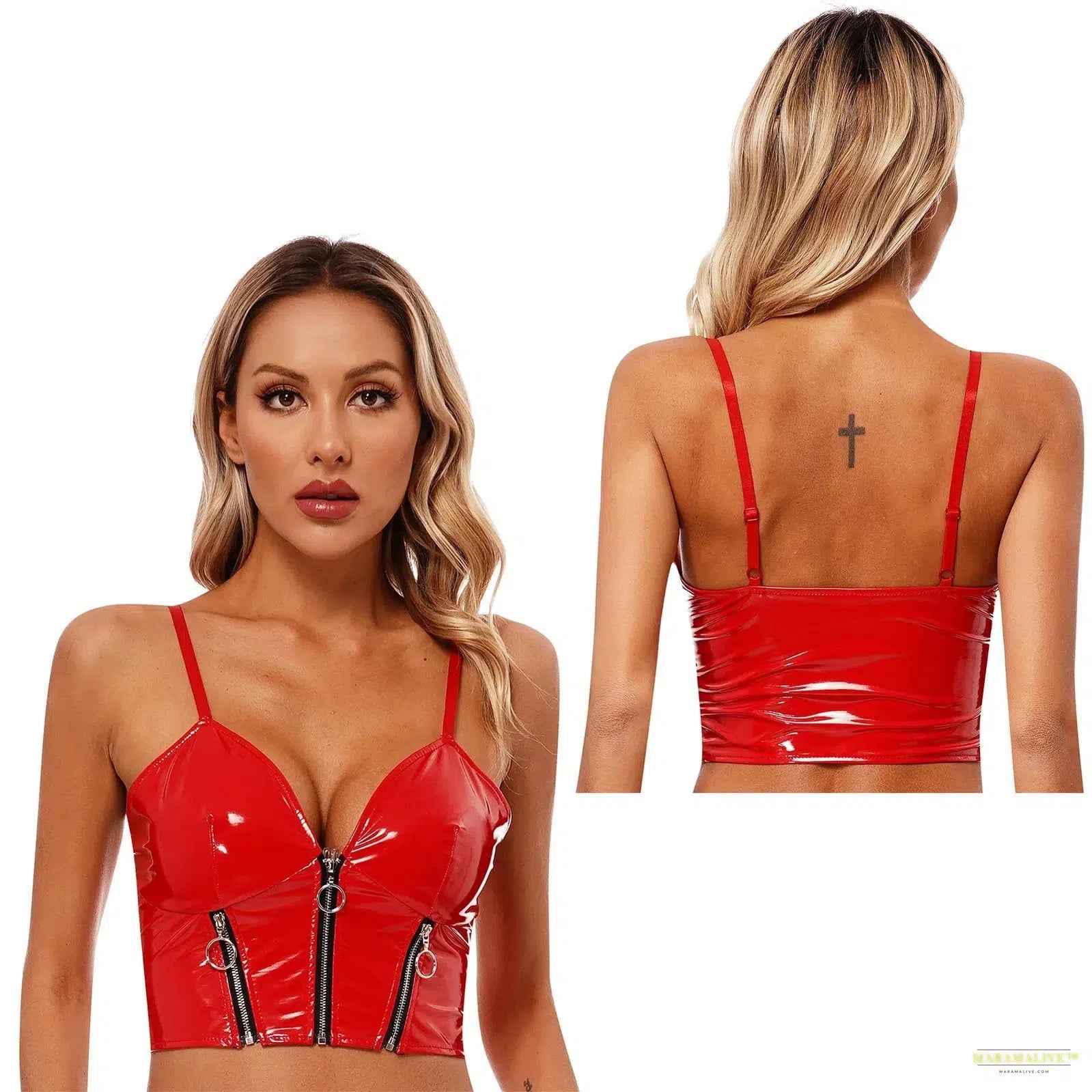 Womens Glossy Patent Leather Crop Top Front Zippers Backless Camisole Deep V Neck Front Zipper Backless Sling Vest Tops Clubwear