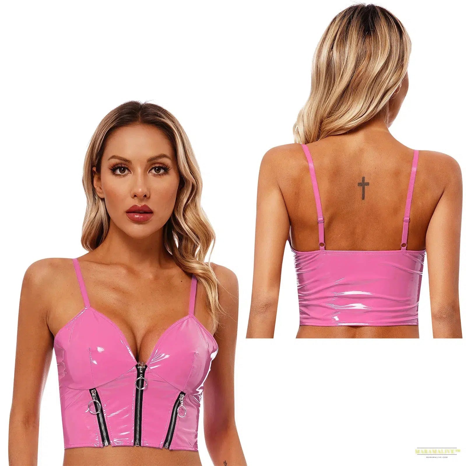 Womens Glossy Patent Leather Crop Top Front Zippers Backless Camisole Deep V Neck Front Zipper Backless Sling Vest Tops Clubwear