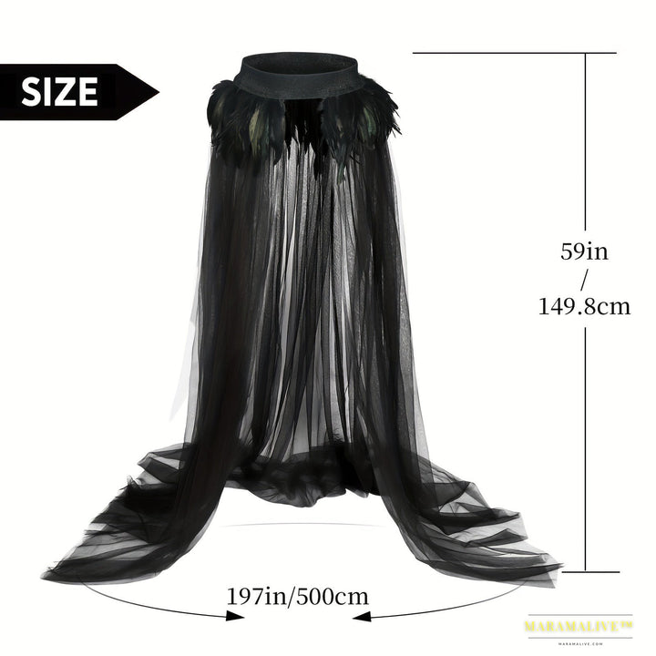 Women's Gothic Black Mesh Natural Feather Skirt and Floor Length Long Tulle Dress