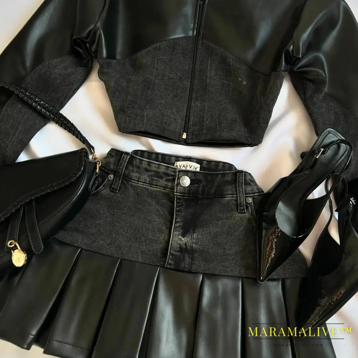 Women's Harajuku Gothic Y2K Sexy Mini Skirt Denim Black Two-piece Long Sleeved Zipper Jacket Mini Pleated Skirt Autumn Jacket