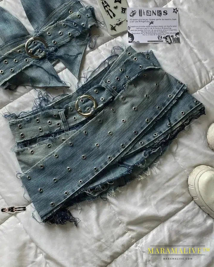 Women's Harajuku Gothic Y2K Sexy Mini Skirt Denim Black Two-piece Long Sleeved Zipper Jacket Mini Pleated Skirt Autumn Jacket