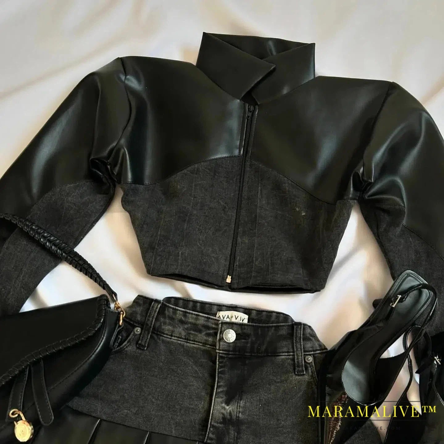 Women's Harajuku Gothic Y2K Sexy Mini Skirt Denim Black Two-piece Long Sleeved Zipper Jacket Mini Pleated Skirt Autumn Jacket