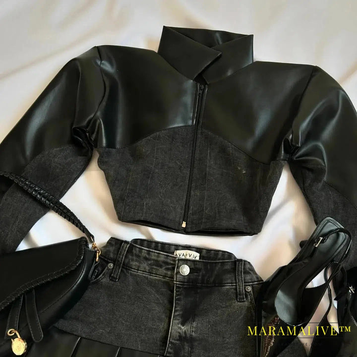 Women's Harajuku Gothic Y2K Sexy Mini Skirt Denim Black Two-piece Long Sleeved Zipper Jacket Mini Pleated Skirt Autumn Jacket