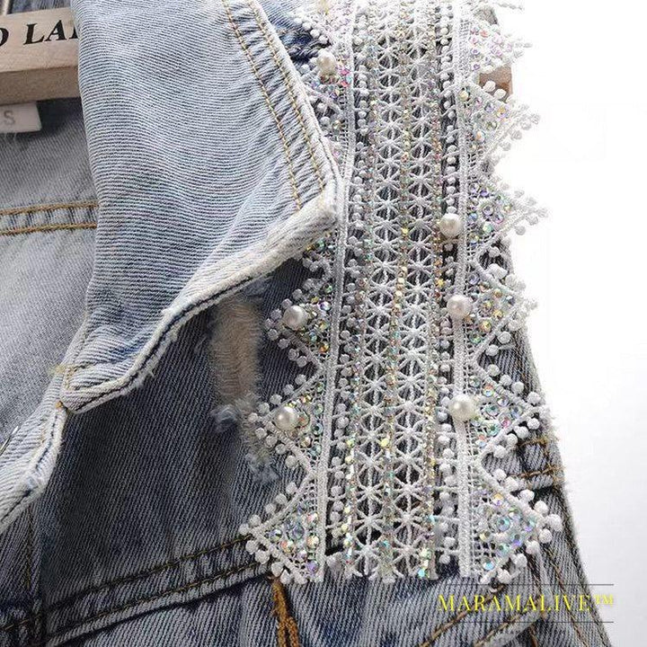 Women's Lace Studded Beaded Denim Coat