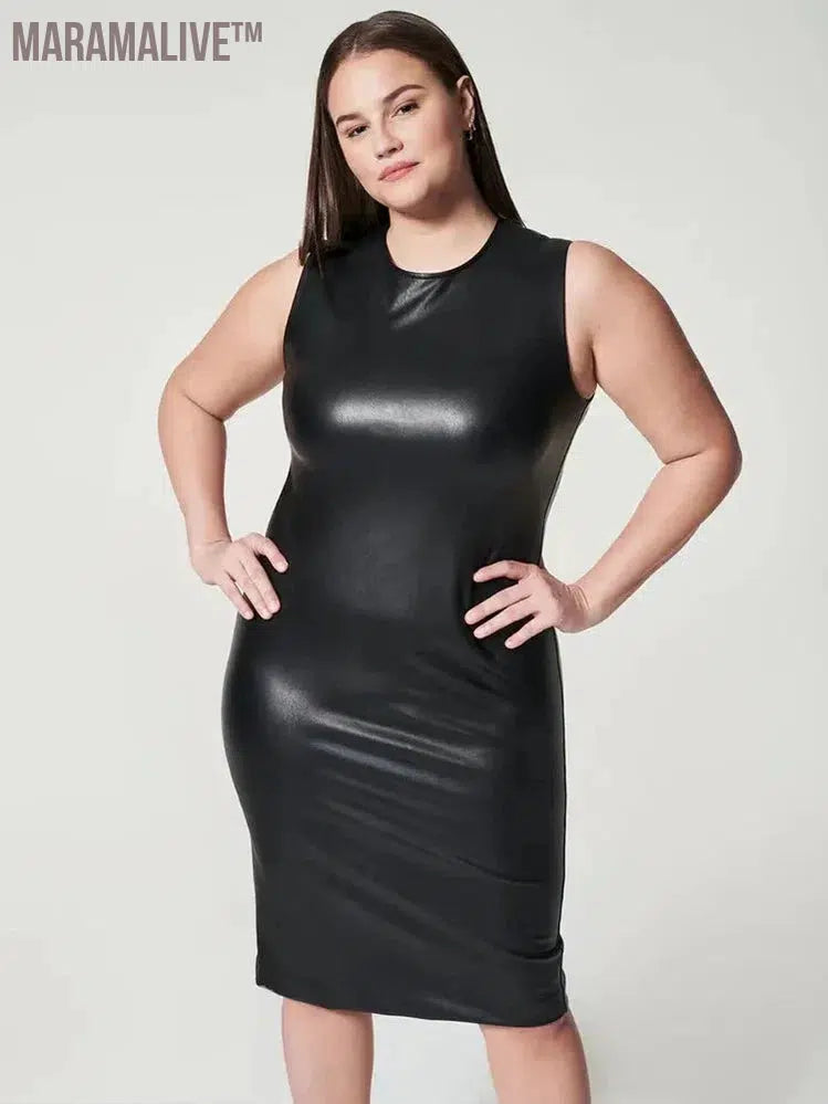 Women's Leather Tank Dress Sleeveless Straight Knee-Length Clothing Custom Plus Size 5XL 6XL 7XL