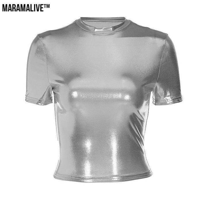 Women's Rock Punk Metallic T-shirt Round Neck Top