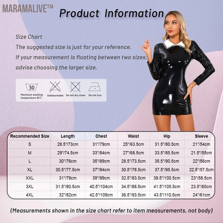 Womens Satin Collar Back Zipper Latex Bodycon Dress Glossy Patent Leather Mini Dress Gothic Dress Nun Maid Cosplay Clubwear