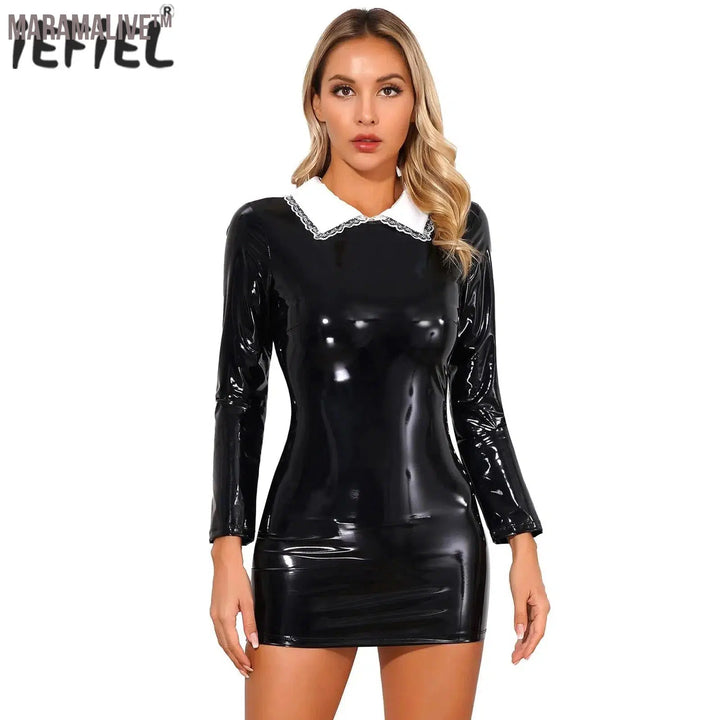 Womens Satin Collar Back Zipper Latex Bodycon Dress Glossy Patent Leather Mini Dress Gothic Dress Nun Maid Cosplay Clubwear