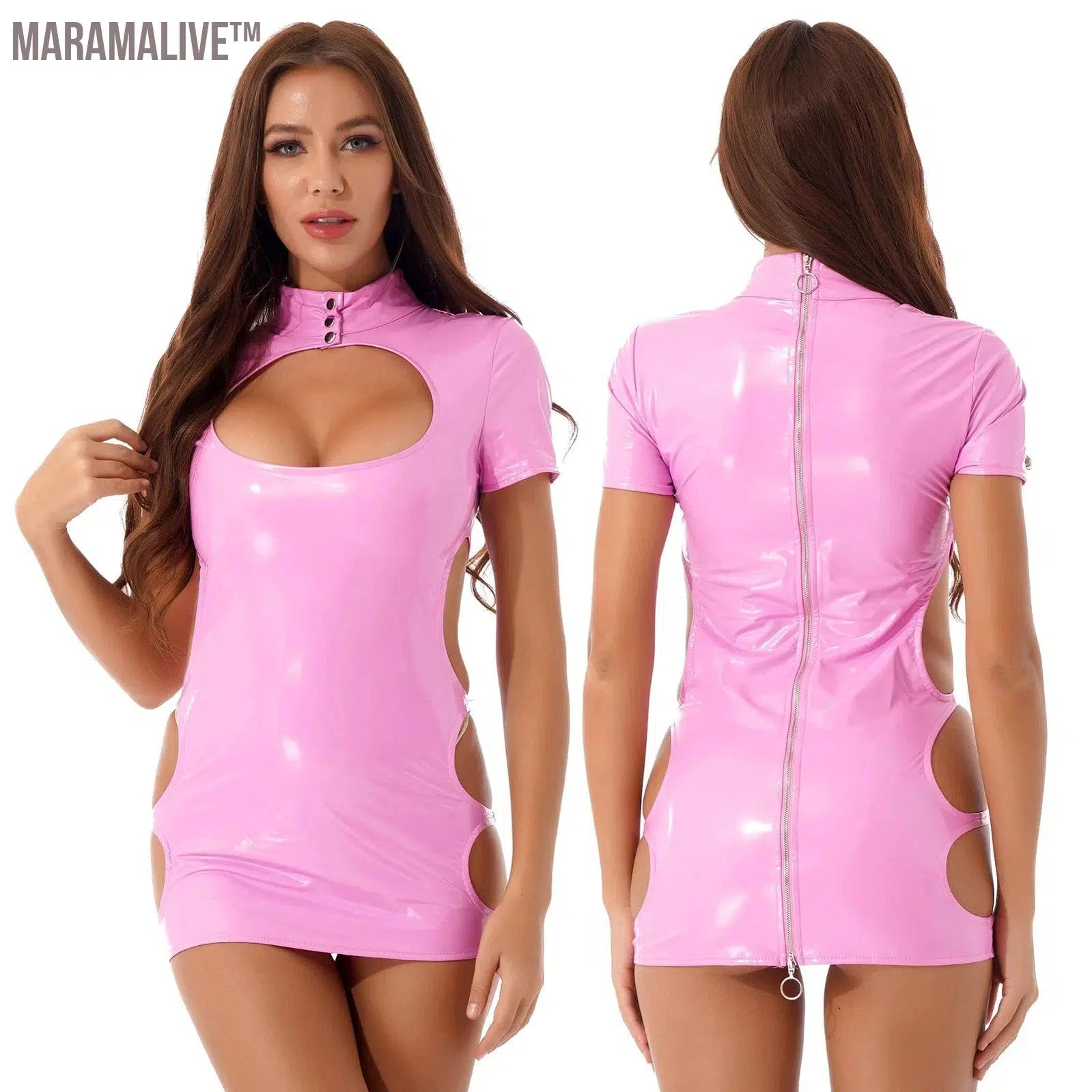 Womens Sexy Ladies Wet Look Costume Pole Cocktail Leather Bare Breast Mini Dress PVC Latex Short Sleeve Back Zipper Clubwear