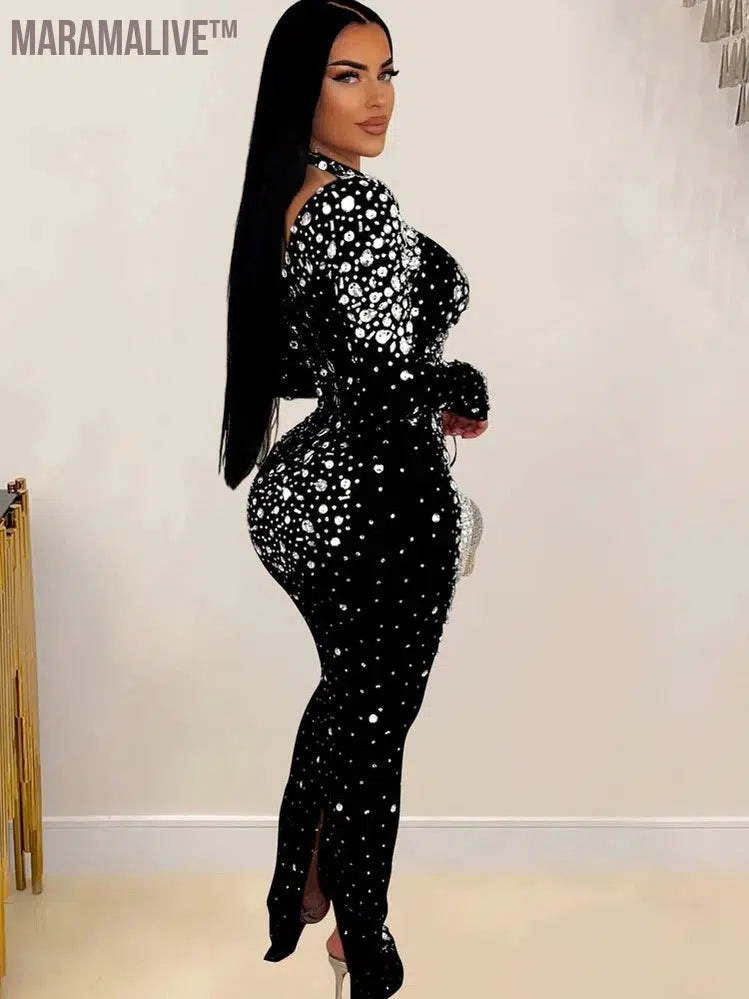 Women's Silver Rhinestones Décor Long Maxi Dress Glam See-Through Mesh Crystal Night Out Dress Birthday Outfits Vestido