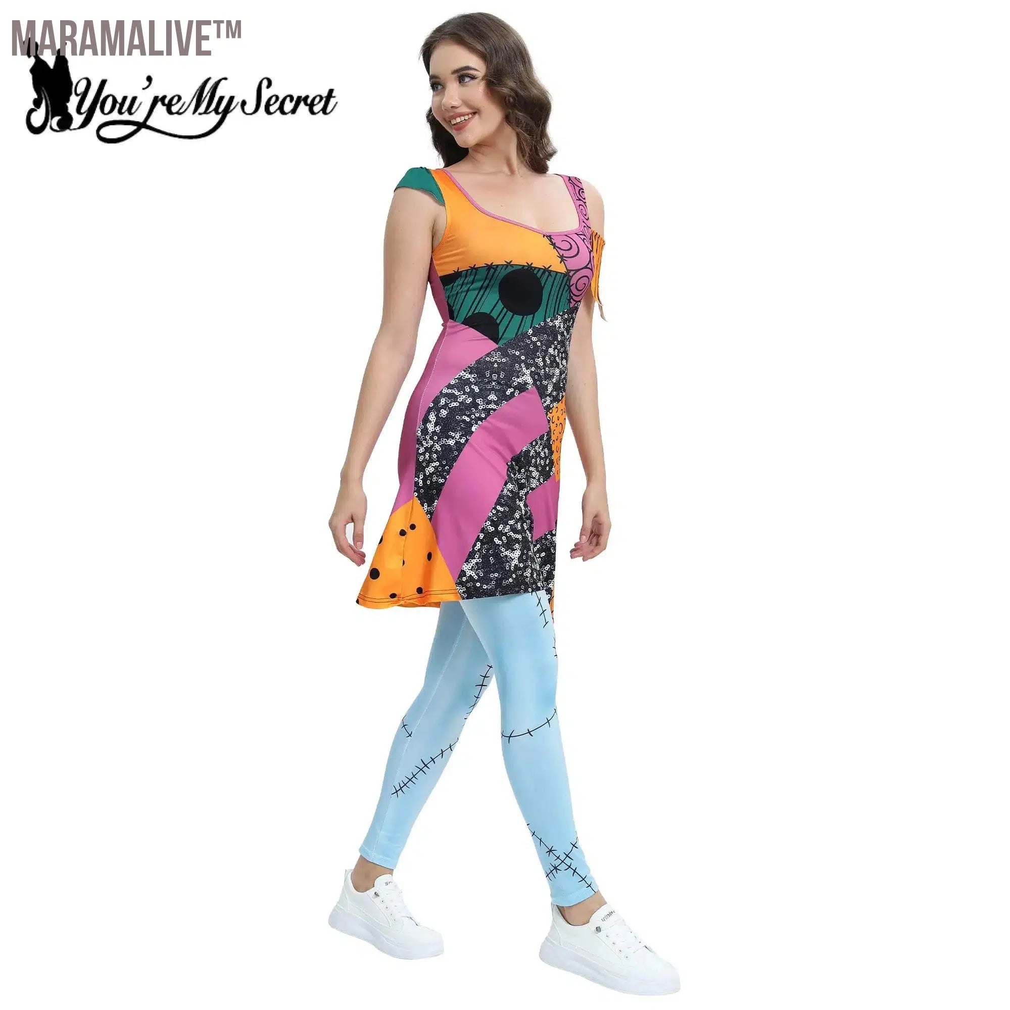 Women's Sleeveless Cosplay Sally Dress Leggings Set Halloween Nightmare Carnival Party Costume Outfit