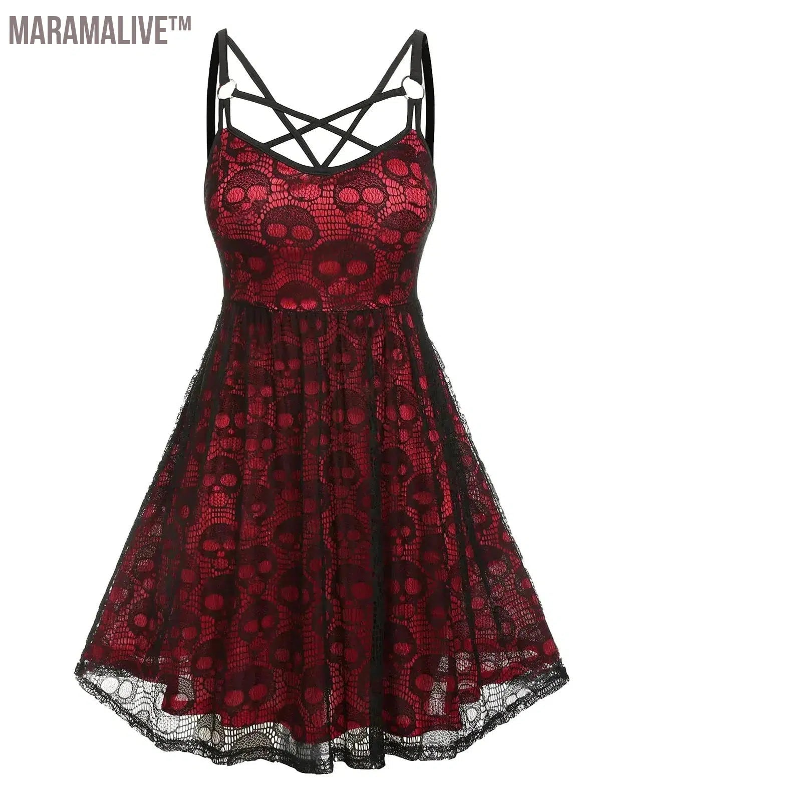 Women's Sleeveless Punk Dress Camisole Skull Print Lace Swing Dress Halloween Spaghetti Strap Steampunk Dress Goth Clothes