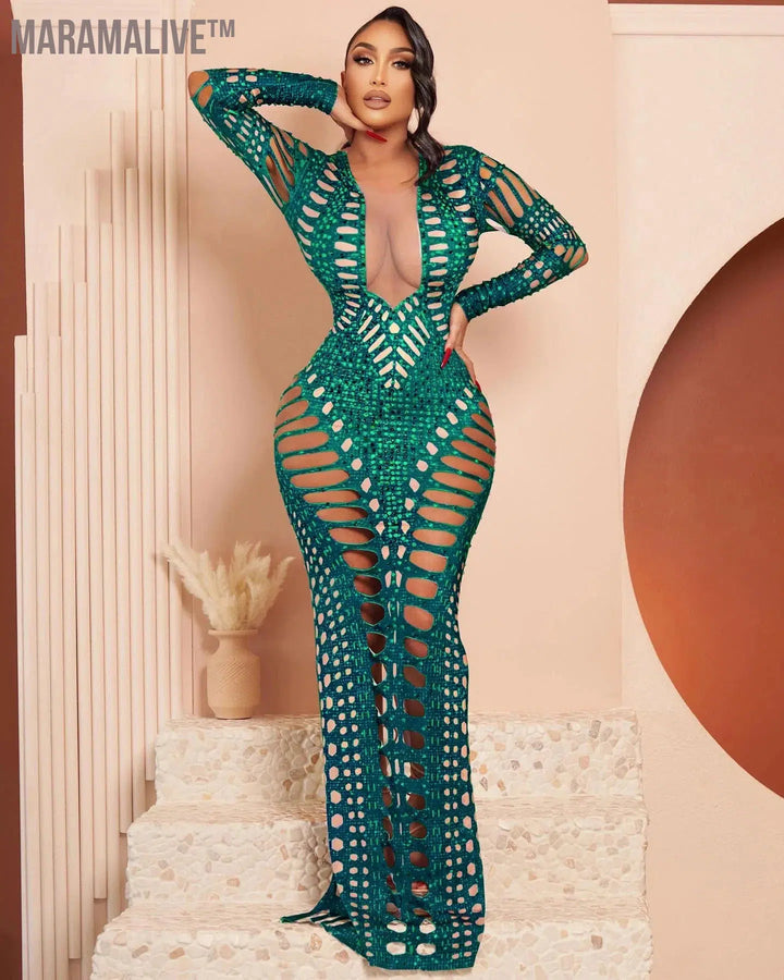 Women's Solid Color Fashion Perspective Slim Fit Deep V-Neck Long Sleeve Maxi Ball Diamond Cutout Sexy Party Evening Dresses