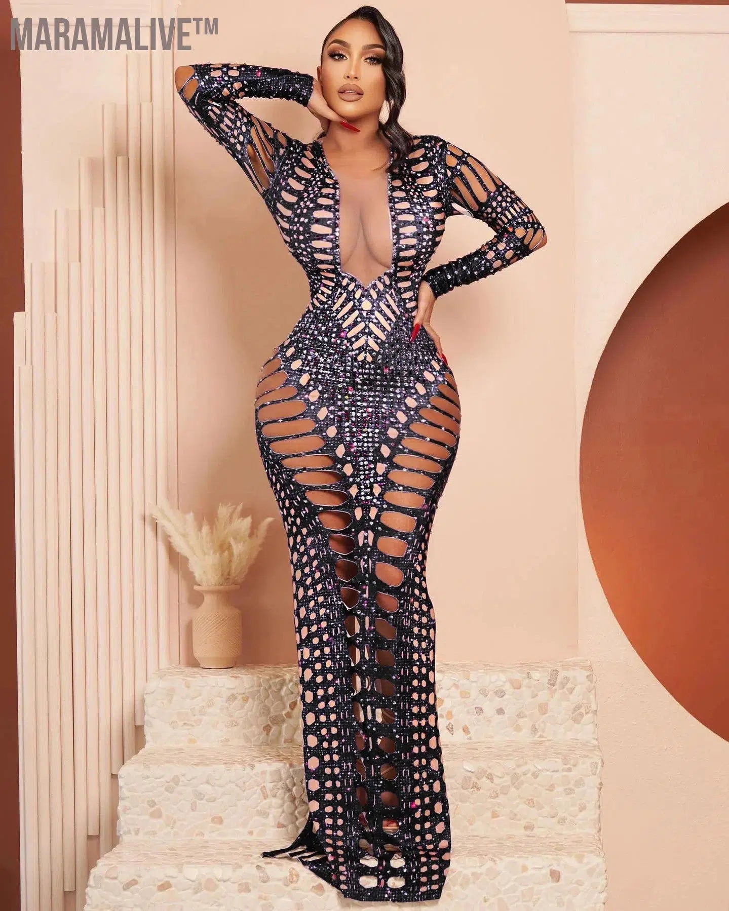 Women's Solid Color Fashion Perspective Slim Fit Deep V-Neck Long Sleeve Maxi Ball Diamond Cutout Sexy Party Evening Dresses