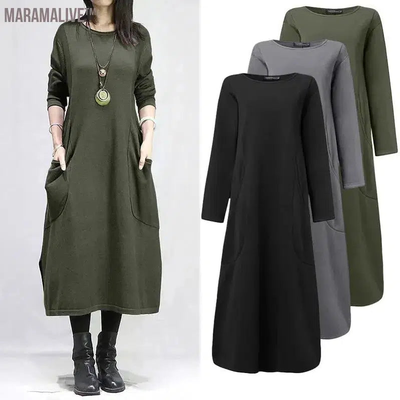 Women's Solid Round Neck Long Sleeve Loose Plus Size Midi Pockets Fashion Casual Office Lady Dress