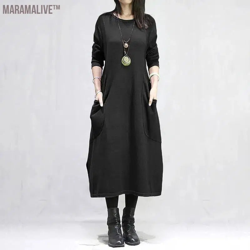 Women's Solid Round Neck Long Sleeve Loose Plus Size Midi Pockets Fashion Casual Office Lady Dress