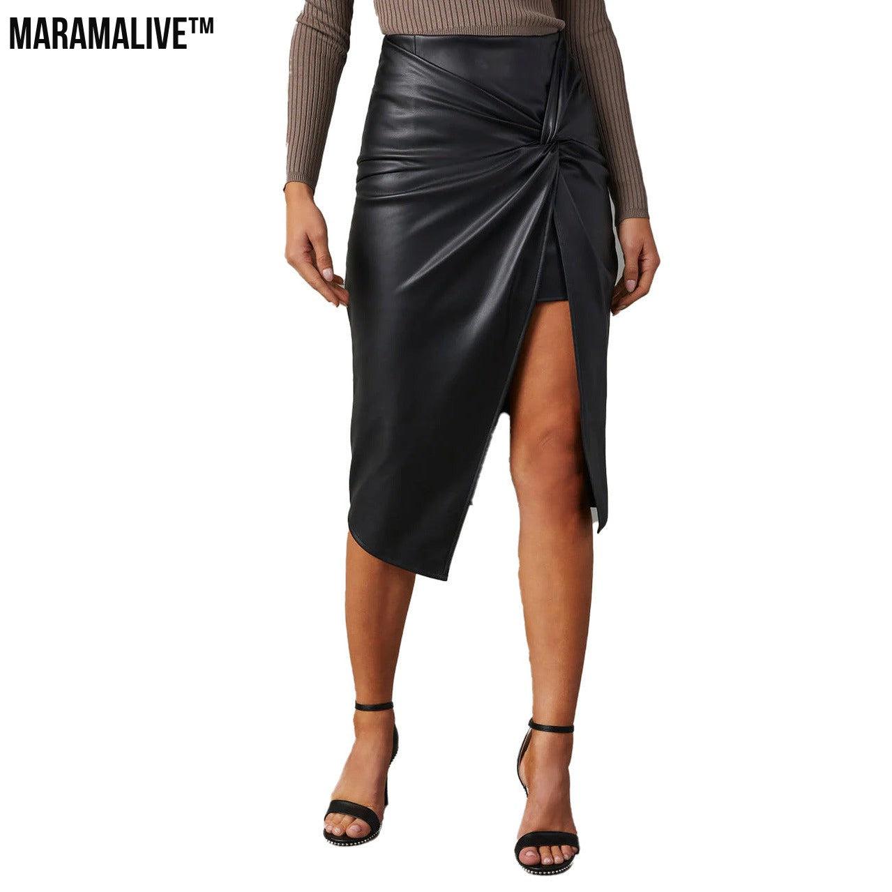 Women's Split Mid-length Hot Girl Leather Hip Skirt