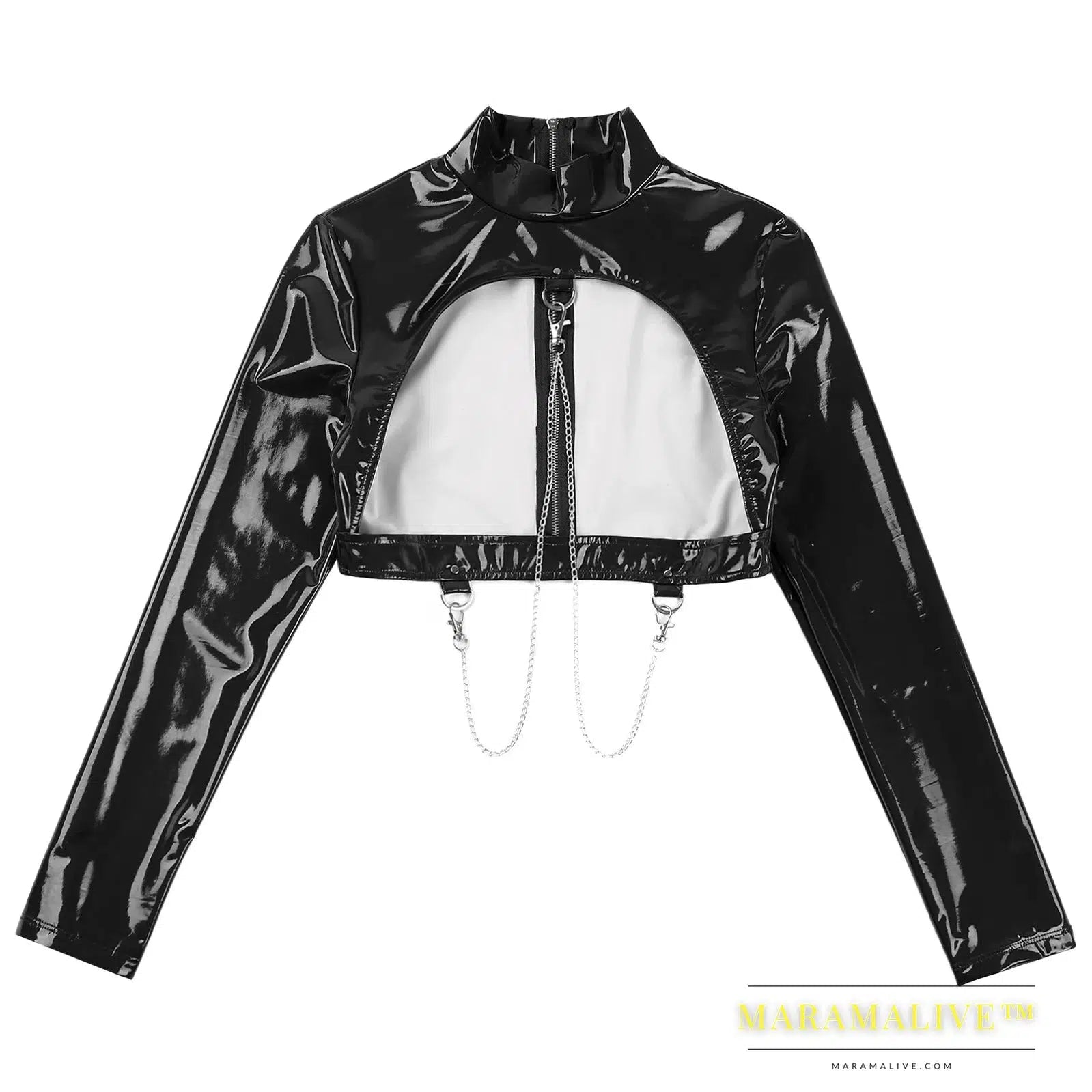 Womens Stand Collar Hollow Out Back Zipper T-shirt Crop Lingerie Open Chest Glossy Patent Leather Crop Top with Metal Chains