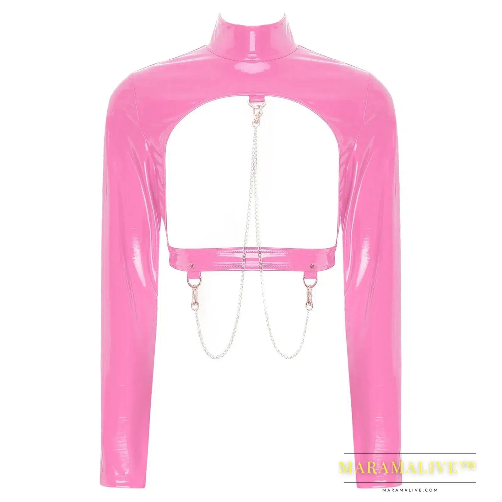 Womens Stand Collar Hollow Out Back Zipper T-shirt Crop Lingerie Open Chest Glossy Patent Leather Crop Top with Metal Chains