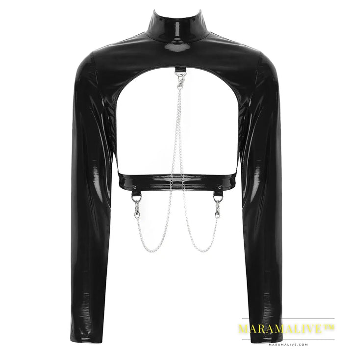 Womens Stand Collar Hollow Out Back Zipper T-shirt Crop Lingerie Open Chest Glossy Patent Leather Crop Top with Metal Chains