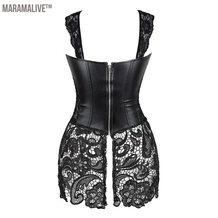 Women's Steampunk Gothic Overbust Corset Dress Lace Up Zipper Back Punk Faux Leather Bustier Lingerie Plus Size