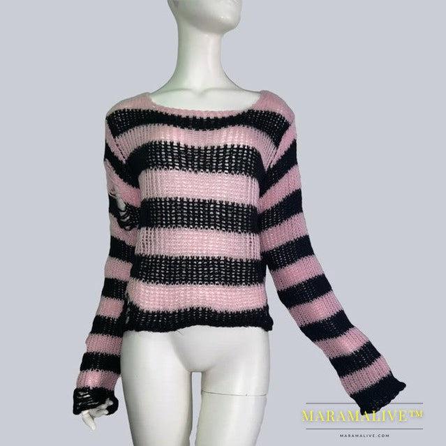 Womens Striped Loose Knitwear With Ripped Mid-length Sweater